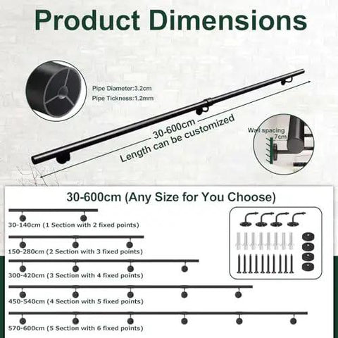 Product dimensions for Solid As A Rock Metal Stair Banister Handrail Adjustable Wall Mounted Safety Railing showing customizable lengths.