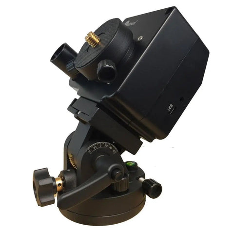 Side view of SkyTracker Pro Camera Mount With Polar Scope For Astrophotography, Automatic RA Tracking, black finish, USB port visible.