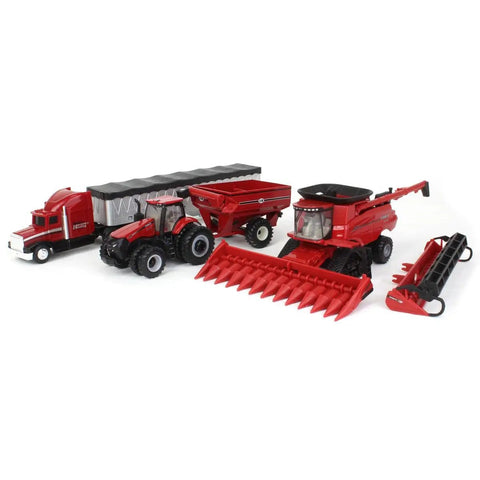 1 To 64 Scale 8250 Combine Harvesting Tractor And Truck Set With 12 Row Corn Head And Grain Head Diecast With Rubber Wheels