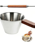 Stainless Steel 100ml Espresso Cup With Wooden Handle Wide Mouth Pour Spout V Shaped Nozzle Includes Latte Needle Great For Americano Cappuccino Latte Espresso Shots And Top Notch Measuring Cup Scale