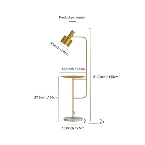 Contemporary Floor Lamp With Table, Adjustable Arm, And Cozy Glow, Ideal For Living Room Den Office Or Bedroom, E26 Base, Brushed Brass Finish.