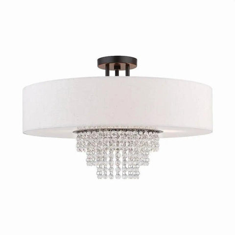 Carlisle English Bronze 5 Light Ceiling Mount Fixture with contemporary design, crystals hanging, white fabric shade, steel construction