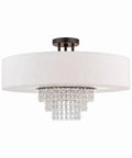 Carlisle English Bronze 5 Light Ceiling Mount Fixture With Contemporary Design, featuring crystal drapes and steel construction.