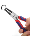 Pro Grade Four Piece Snap Ring Pliers Set for Internal and External Circlips, Heavy Duty, Cr-V Steel with Straight Jaws in use.