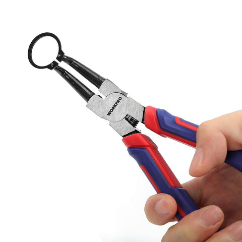 Pro Grade Four Piece Snap Ring Pliers Set for Internal and External Circlips, Heavy Duty, Cr-V Steel with Straight Jaws in use.