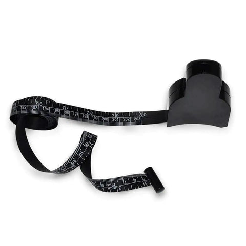 Dope Eco Friendly Body Tape Measure 205 Cm 80 Inch Retractable With Push Button Dual Sided Metric And Imperial Waist Measuring Tool For Fitness And Tracking Inches Lost Easy To Read And Slim Modern Design For Quick Measurements At Home Or Gym black retractable tape measure shown extended