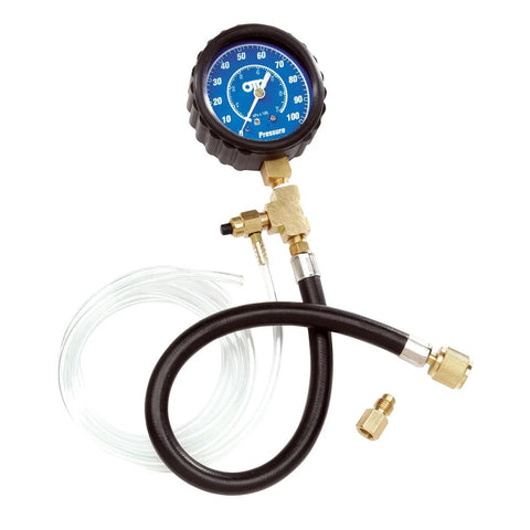OTC 5630 fuel pressure test kit with blue dial gauge, black hose, brass fittings and clear tubing