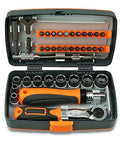 Open-case view of TYZK 38-in-1 hand tool set in green case with orange accents and assorted bits.