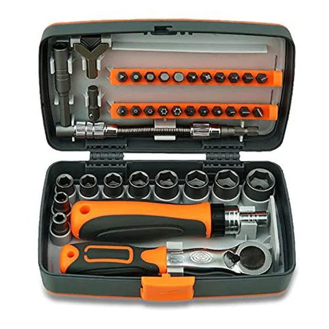 Open-case view of TYZK 38-in-1 hand tool set in green case with orange accents and assorted bits.