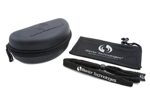 Heavy Hitter Lead X Ray Safety Glasses case, cleaning pouch, and strap for secure storage and protection.