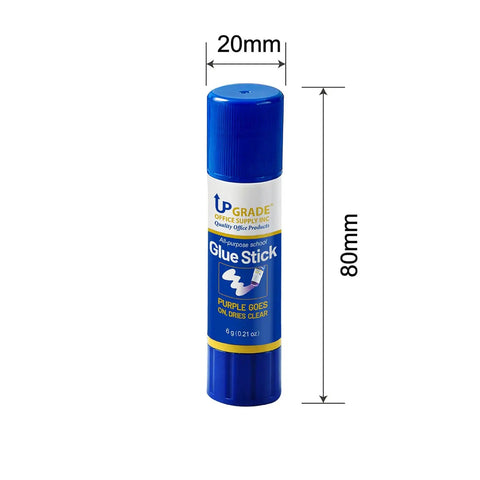 12 Count 6g Glue Sticks, Purple Goes On Then Dries Clear, shown in blue tube with cap off, 20mm x 80mm size
