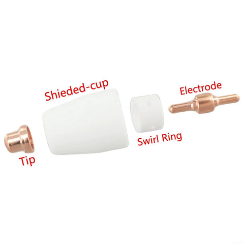 Premium 20-Pack Plasma Cutter Consumables For PT-31 Torch Nozzle Tips Electrodes with shielded cup, tip, swirl ring, and electrode.