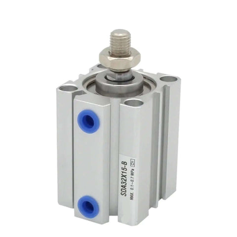Assorted Small Thin Cylinder Magnets SDA Series for DIY shown from side with bolt, silver body, blue holes, and industrial design