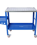 Industrial 36 X 18 Welding Table 1200 Lbs Capacity Steel Workbench with blue metal frame and tool tray on smooth roll casters.