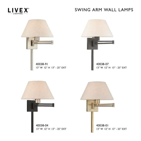 Four 25-Inch One Light Swing Arm Wall Lamps with Oatmeal Fabric Shades in various finishes, perfect for bedside or reading nook.
