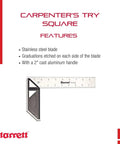 Carpenter's Try Square With Etched Graduations 8 Inch Stainless Blade Pro Grade And 2 Inch Cast Aluminum Handle features