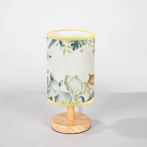 Minimalist Safari Animals Watercolor Bedside Table Lamp With Baby Elephant Lion Zebra Giraffe Wood Base And Flaxen Fabric Shade