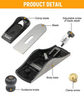 Heavy Duty Seven Inch Block Plane For Woodworking features clamp blade, hardened alloy steel blade, body base, and guidance knobs.