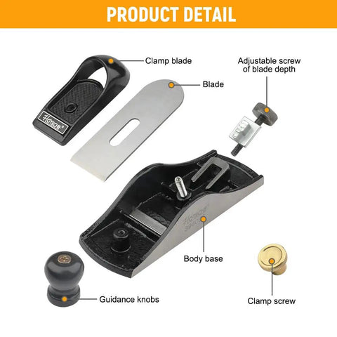 Heavy Duty Seven Inch Block Plane For Woodworking features clamp blade, hardened alloy steel blade, body base, and guidance knobs.