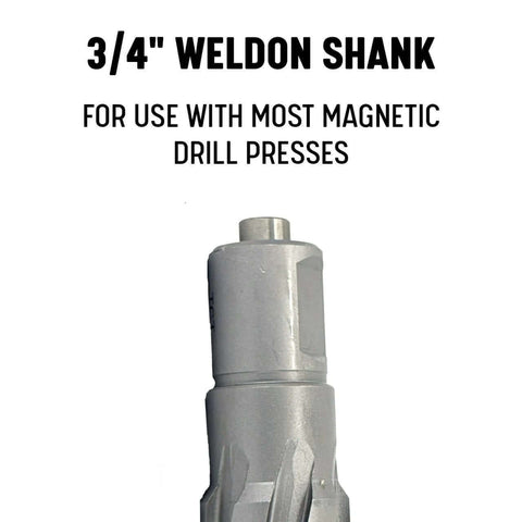 Carbide-tipped annular cutter with 3/4-inch Weldon shank, silver finish for magnetic drill presses