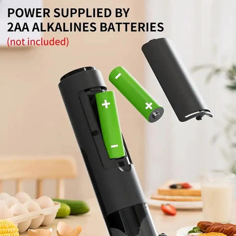 Handheld Milk Frother Cordless Electric Foam Maker with Stainless Steel Whisk, black, AA batteries shown, batteries not included
