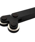 Dual Head Lathe Knurling Tool With Steel Knurling Knife And Inner Hole Embossing Wheel, close view of knurling wheels, black steel handle.