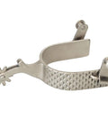 Men's Spur With Rasp Design In Brushed Stainless Steel Or Buffed Black Finish, 2 Inch Shank, 1 Inch Band, 10 Point Rowel, Sold Per Pair