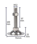 Heavy Duty Stainless Steel Furniture Levelers M12 Adjustable Cabinet Feet, measuring 109mm tall with a 76mm round base.