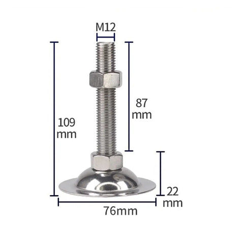 Heavy Duty Stainless Steel Furniture Levelers 8 Pack Adjustable M12 Thread Feet, 76mm base, 109mm tall for adjustable height.