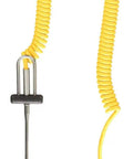 Type K Needle Probe Workhorse With Four And A Half Inch Tip For Industrial Temperature Monitoring From Minus Forty To Five Hundred Fahrenheit Quick Four Second Liquid Response Slim One Eighth Inch Diameter Durable Industrial Grade Sensor shown with coiled yellow cable