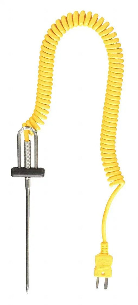 Type K Needle Probe Workhorse With Four And A Half Inch Tip For Industrial Temperature Monitoring From Minus Forty To Five Hundred Fahrenheit Quick Four Second Liquid Response Slim One Eighth Inch Diameter Durable Industrial Grade Sensor shown with coiled yellow cable