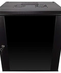 Front view of 12U Wall Mount Network Cabinet with Glass Door, Cooling Fan, Locks, Removable Side Panels, Heavy Duty Steel.