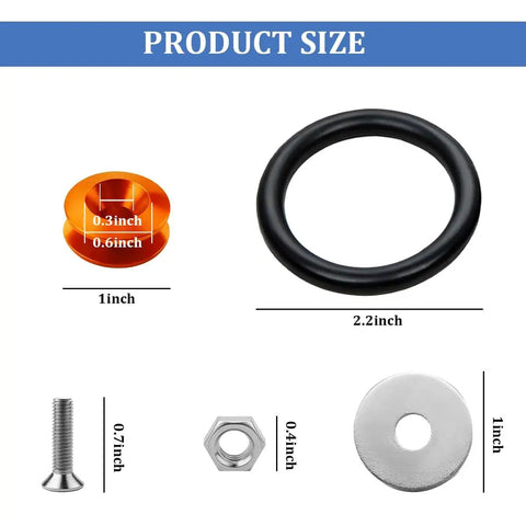 Universal Car Bumper Quick Release Kit size details with orange tab, O-ring, bolt, nut, and washer screws in durable aluminum alloy.