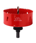 Red 4.5-inch bi-metal hole saw with arbor and center pilot bit