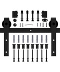 8ft Sliding Barn Door Hardware Kit with J Shape Hangers, Antique Style, shown with screws and installation components.