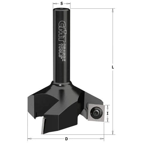 Beefy Carbide Spoilboard Surfacing Router Bit, 2-3/8 Inch Diameter, 12mm x 50mm Shank, 4 Sided Carbide Inserts, 3 Cutting Edges