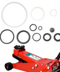 Image of 3 Ton Hydraulic Floor Jack Seal Kit 17Pcs O Ring Oil Filler Plug Replacement Seals Rubber Sealing Rings showing components above a red jack.