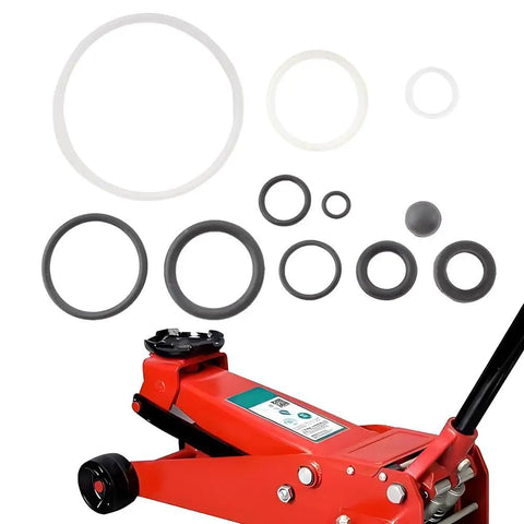 Image of 3 Ton Hydraulic Floor Jack Seal Kit 17Pcs O Ring Oil Filler Plug Replacement Seals Rubber Sealing Rings showing components above a red jack.