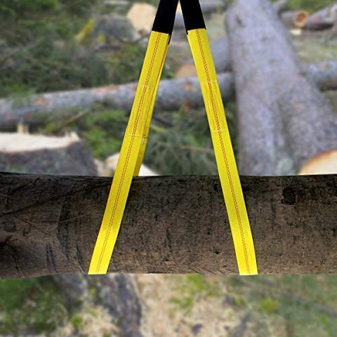 Two yellow nylon lift sling straps with black ends, front view draped over a log; 6.5 ft, 13,000 lb capacity (2-pack)