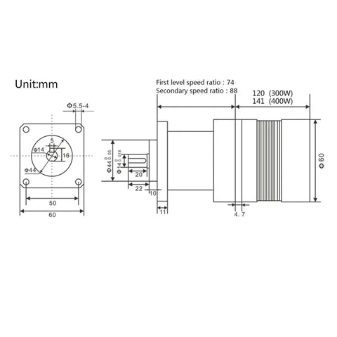 Technical diagram of Low Speed Permanent Magnet Brushless Motor Kit With Reducer And Driver, 220V 300W, showing dimensions.