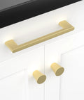 25 Pack Matte Gold Cabinet Pulls With 5 Inch Center To Center Hole Spacing Brushed Brass Kitchen Drawer Handles Installed on White Cabinet
