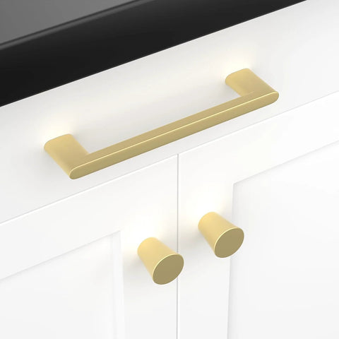 25 Pack Matte Gold Cabinet Pulls With 5 Inch Center To Center Hole Spacing Brushed Brass Kitchen Drawer Handles Installed on White Cabinet