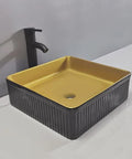Bathroom Countertop Vessel Sink Bathroom Sink Hotel Apartment Bathroom Wash Basin Square Counter Basin Home Bathroom Vessel Sink Modern Art Basin Bathroom Sinks with golden interior and ribbed black exterior.