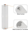 AAA-to-AA battery adapter, clear plastic tube with metal contacts at both ends.