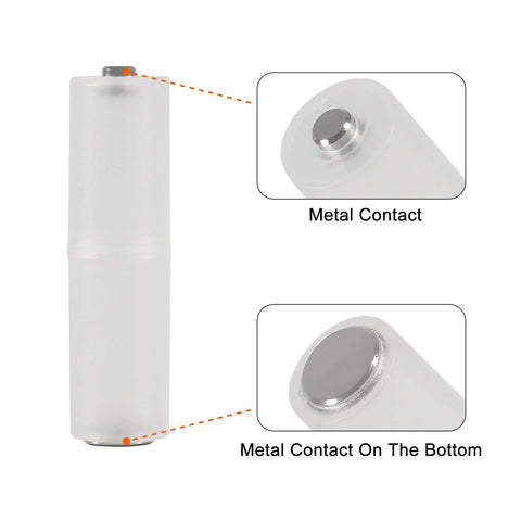 AAA-to-AA battery adapter, clear plastic tube with metal contacts at both ends.