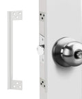 Heavy Duty Stainless Steel Door Latch Shield Plate Anti Pry Guard For Outswing Residential Entries mounted on a door with a knob.