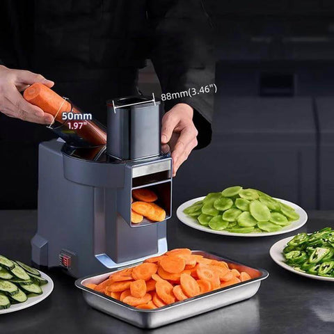Front view of gray 4-in-1 electric vegetable slicer and chopper with dual feed chutes.