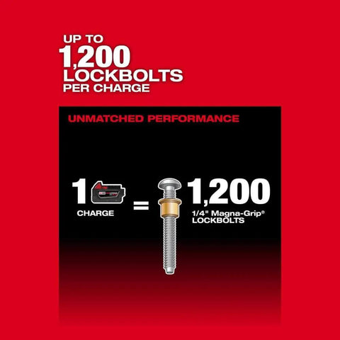 One Quarter Inch Blind Rivet Tool With ONEKEY Kit shows battery charge equaling 1,200 lockbolts per charge.