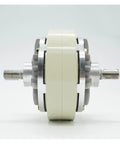 LVSEDTAL double-shaft magnetic powder clutch brake with cream housing and metal endplates, side view