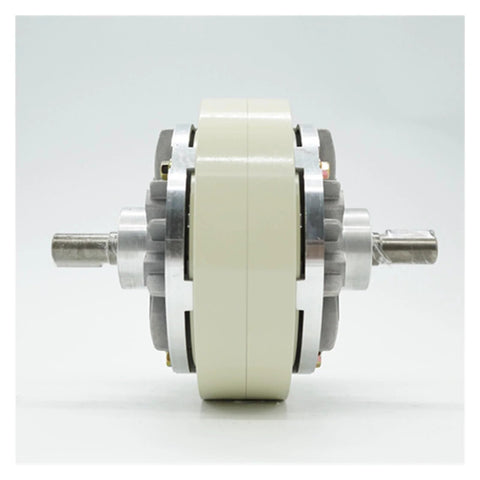 LVSEDTAL double-shaft magnetic powder clutch brake with cream housing and metal endplates, side view
